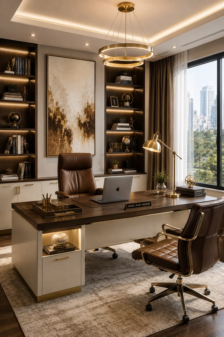 Modern lighting details bring fresh workday focus.
