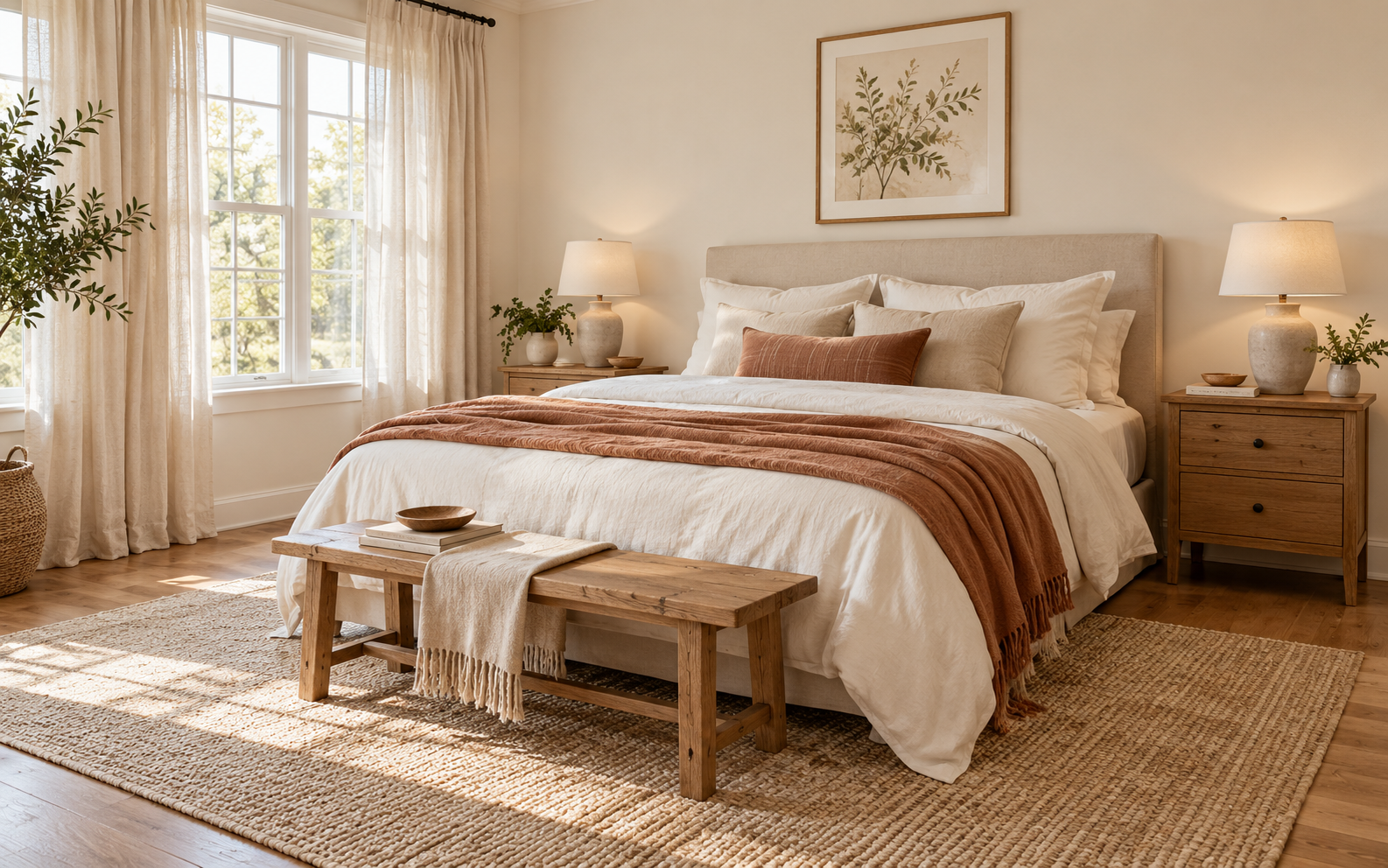 Bedroom styled with warm neutral bedding and wood furniture