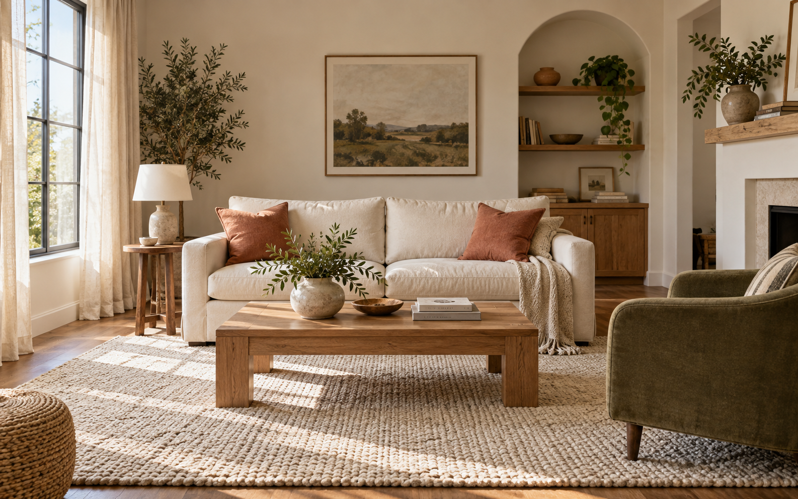 Bedroom styled with warm neutral bedding and wood furniture