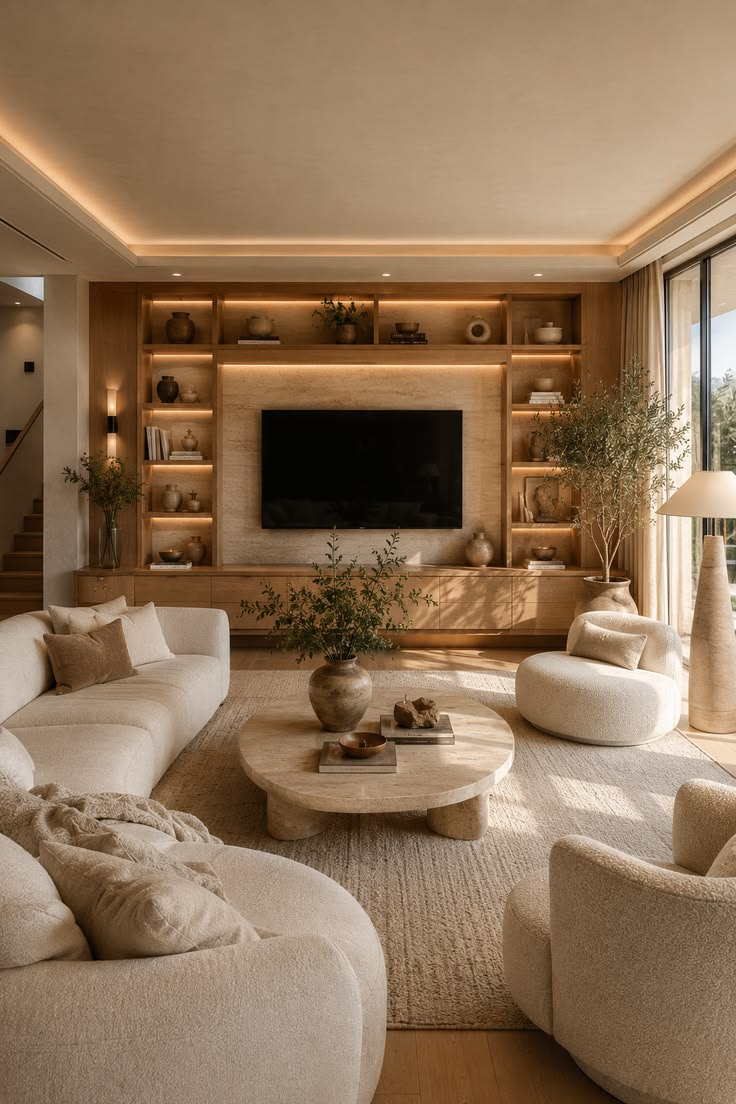 Warm neutral bedroom with an arched window and wooden bench
