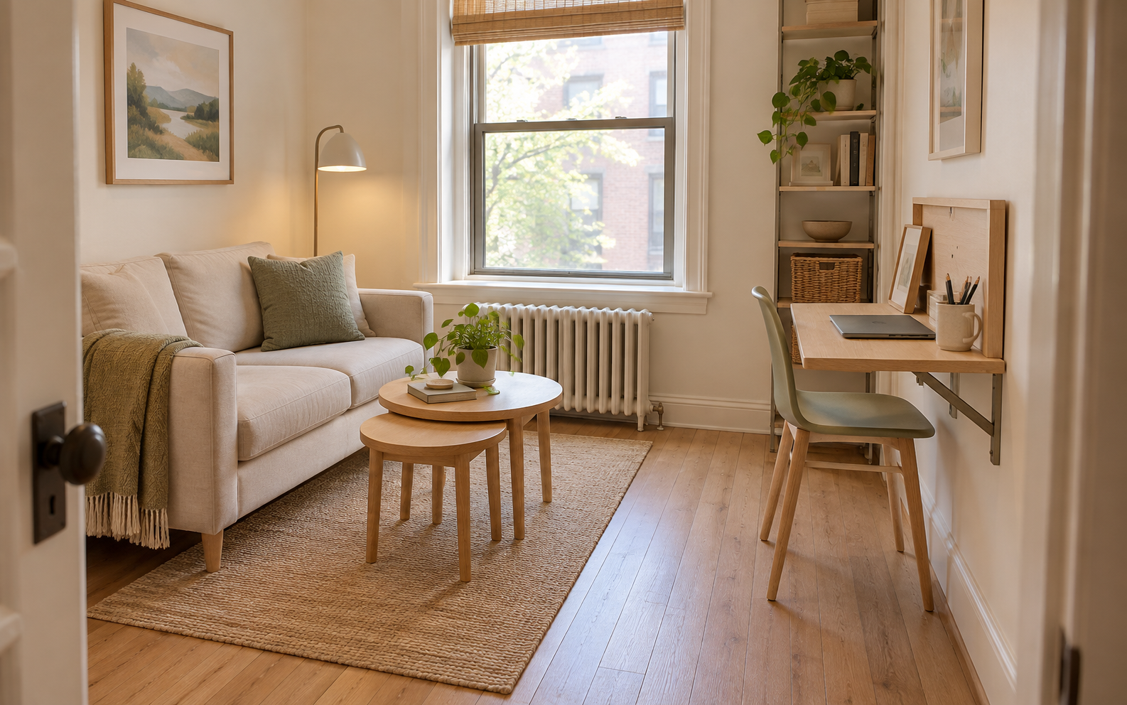 Small bedroom with built-in storage and shelving